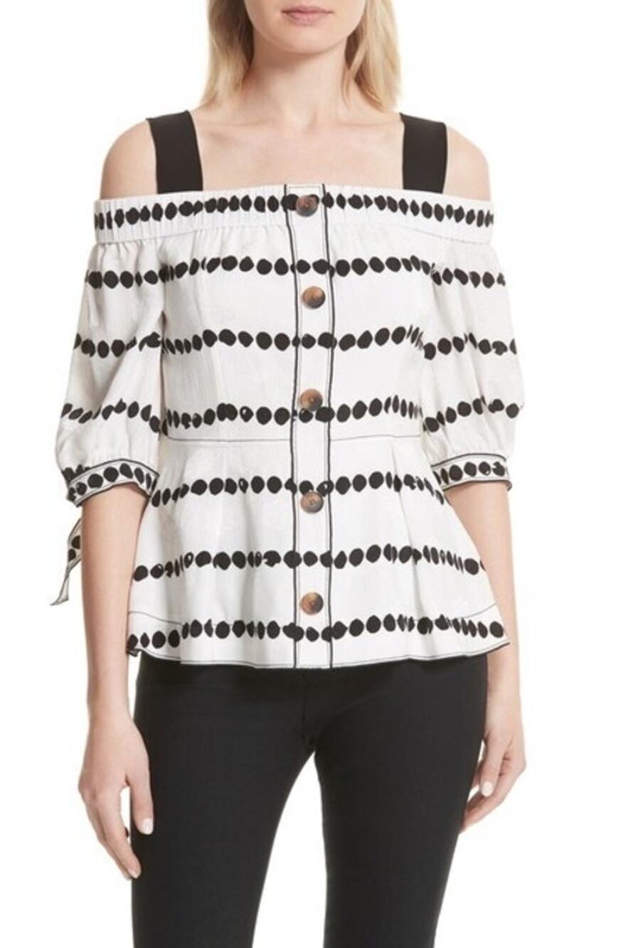 Derek Lam 10 Corsby Off the Shoulder Polka Dot Silk Top